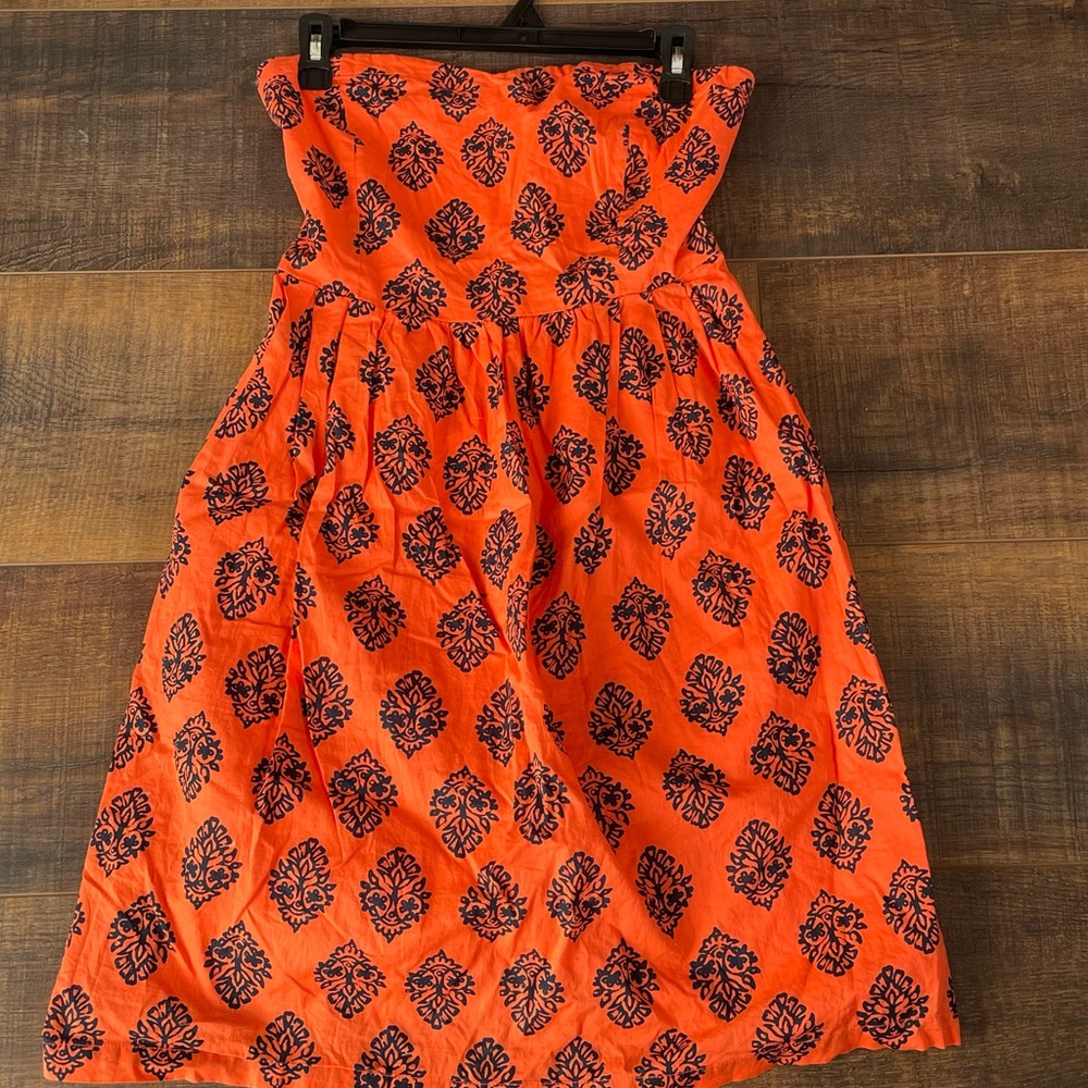 Old Navy Orange with Navy Print Strapless Dress with side zipper.